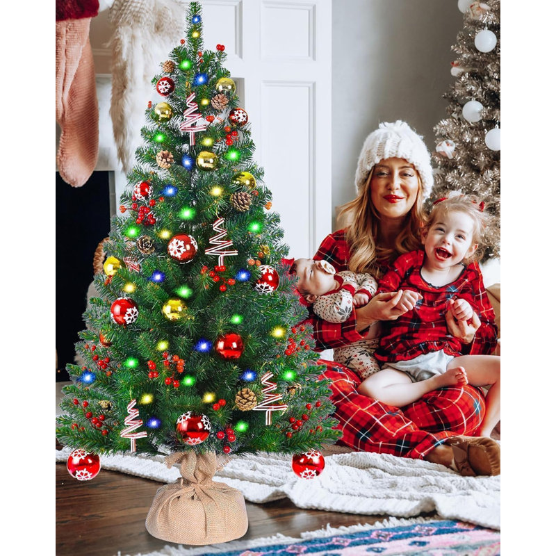 4Ft Pre Lit Artificial Christmas Tree With 100 LED Lights Tabletop Christmas Tree With Colorful Balls Pine Cones Red Berries And Tree Ornaments For